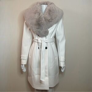 Gray removable faux fur on collar white belted pea coat
